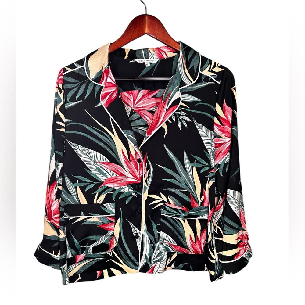 Rebecca Minkoff Floral Pajama Blouse Black Red Tropical Button Down resort Top L